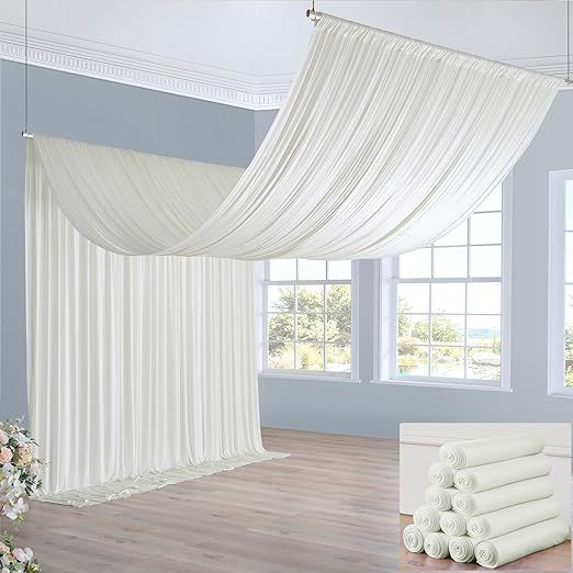 60ft×20ft White Ceiling Drapes for Weddings Parties,12 Panels 5×20ft Long Ceiling Curtain for Tent Canopy,Wrinkle Free Silk Easy to Draping&Hang White Drapes for Event Church Stage Photo Bedroom