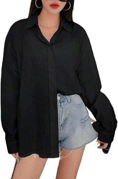 Solid Drop Shoulder Button Up Shirt Long Sleeve Top Womens Basic Long Sleeve Business Tops