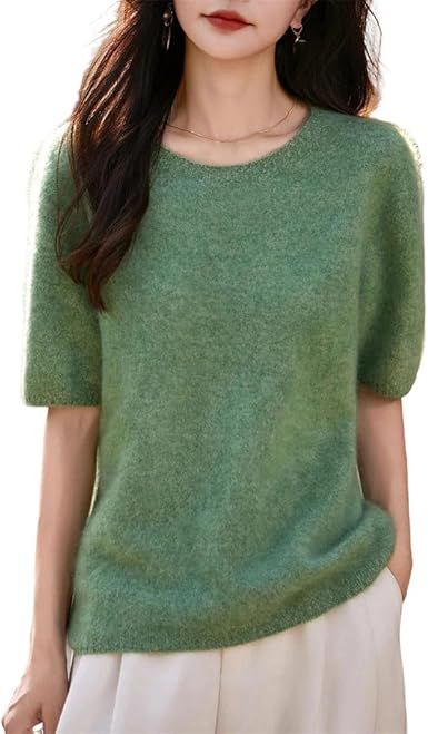 Women's Short Sleeve Crewneck Pullover Merino Wool Seamless Knit Top Soft Warm Casual Autumn Winter T-Shirt