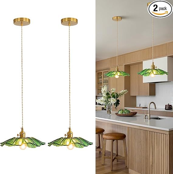 Vintage Pendant Lights Kitchen Island Fixture Glass Hanging Light Green Flower Light 2pack Modern Chandelier Island Lights for Bedroom Kitchen Hallway Bathroom Dinging Room Green Sunflower