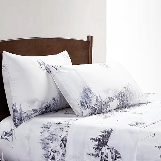 HiEnd Accents Ski Life Eucalyptus 4 Piece Sheet Set, Cabin Bedding, King White Gray Snow Pine Tree Lyocell Cooling Sheets, Lodge Modern Rustic Bed Set, 1 Flat Sheet, 1 Fitted Sheet, 2 Pillowcases
