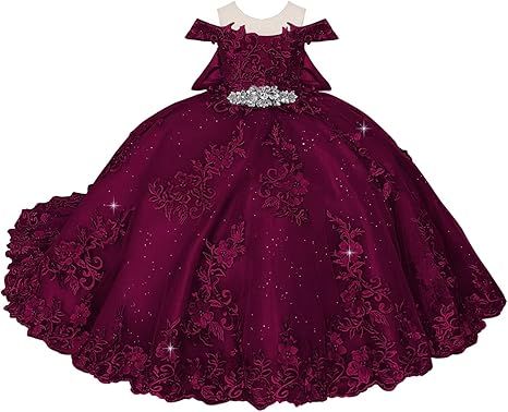 Boatneck Lace Flower Girl Dresses 3D Flower Ball Gown Dresses for Girls Pearly Crystal Girls Pageant Dress