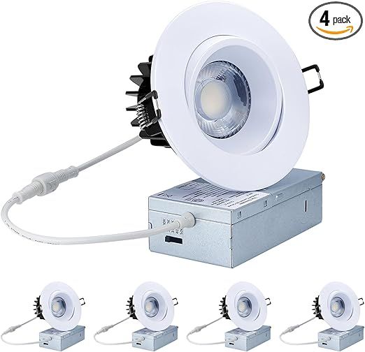 Canless Recessed Gimbal Downlight - Suitable for 20ft High Ceiling 1200lm 4 Inch 15W LED Rotatable Eyeball Spotlight, 5CCT Dimmable Lights with Junction Box, Anti-Glare White 4 Pack