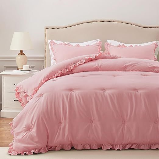 HARBOREST Queen Comforter Set - Pink Ruffle Comforter for Queen Size Bed, Fluffy Comforter Set, 3 Pieces Shabby Chic Bedding with 1 Comforter & 2 Pillow Shams
