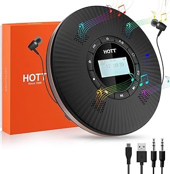 HOTT Portable CD Player Built-in 4 Speakers Bluetooth 5.3 Anti Skip CD Player,FM Transmitter,A-B Repeat AUX Cable Rechargeable 1800mAh Small CD Players for Car