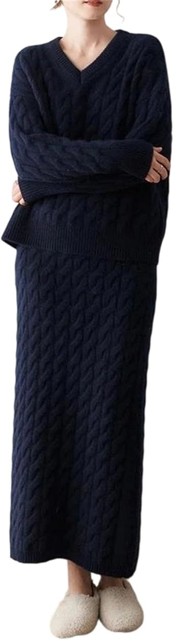 Women's Casual 2 Piece Wool Skirt Set Featuring A V-Neck Cable Knit Long Sleeve Pullover Sweater And A Matching A-Line Skirt