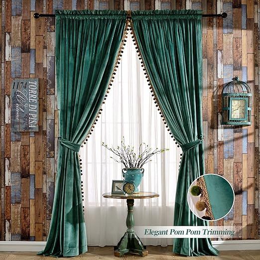 Melodieux Luxury Pom Poms Velvet Curtains for Living Room Bedroom, Vintage Light Blocking Rod Pocket Home Office Window Decor Drapes, 52" W x 96" L, Antique Green (2 Panels)
