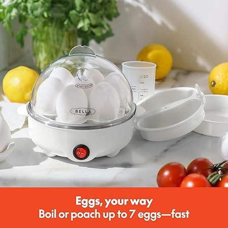 BELLA Rapid Electric Egg Cooker and Omelet Maker with Auto Shut Off, for Easy to Peel, Poached Eggs, Scrambled Eggs, Soft, Medium and Hard Boiled Eggs, 7 Egg Capacity Tray, Single Tier, White