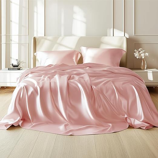 100% Mulberry Silk Sheet Set - 22 Momme Grade 6A, 16-18 Inch Deep Pocket, Indulgent Sheets for Dreamlike Comfort, Full XL-Light Pink