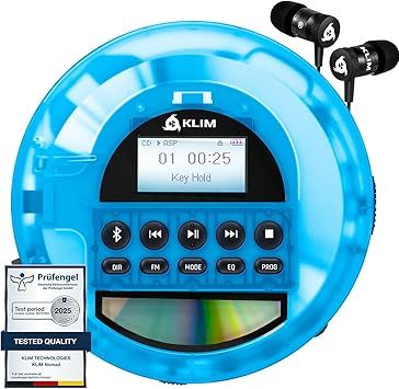 KLIM Nomad Transparent Blue - Portable CD Player Walkman with Long-Lasting Battery - Includes Headphones - Discman MP3 Player - TF Card FM Radio Bluetooth AUX - Ideal for Home, Cars - Version