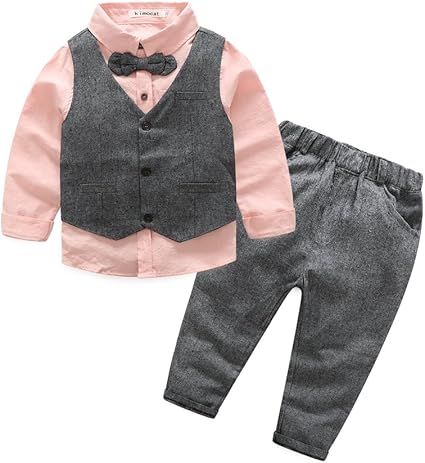 Boys 3Pcs Clothing Sets Cotton Long Sleeve Bowtie Shirts +Vest +Pants Casual Suit