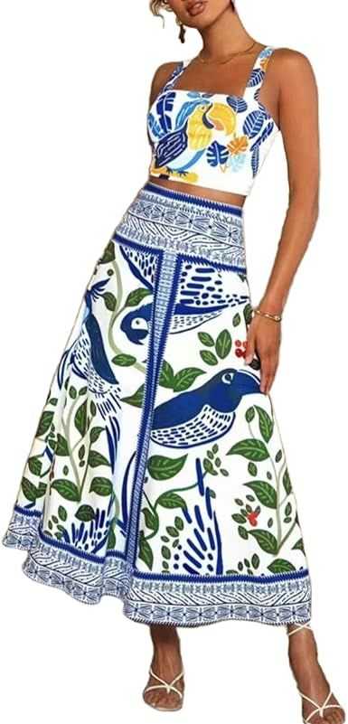 Womens Printed Skirt Outfits Floral Halter Crop Top A Line Maxi Skirt Casual Going Out Sets