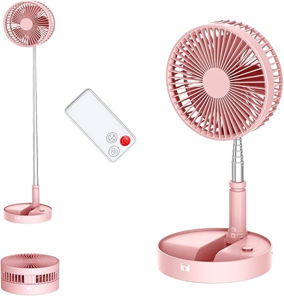 UN UNITEDTIME Desk and table fan, foldable Fan Portable Travel Fans Battery Operated,Adjustable Height My Foldaway fan with remote Control Timer, 4 Speed Settings (Pink)