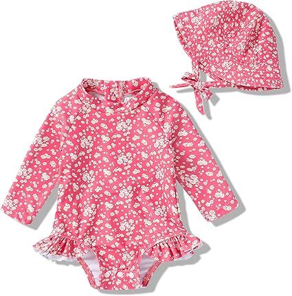 Infant Baby Girl Swimsuit One-Piece Long Sleeve Rash Guard with Hat Set Floral Zipper Bathing Suit Leopard Beach Wear