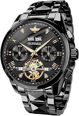 OUPINKE Men's Watch Automatic Designer Big Face Luxury Mechanical Skeleton Dress Business Wrist Watches Two Tone Tungsten Steel Waterproof Sapphire Calendar