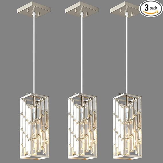 Brushed Nickel Pendant Lighting Modern Pendant Light, Mini Crystal Chandeliers, Adjustable Pendant Light Fixture for Kitchen Island Dinning Room Bedroom (3 Pack)