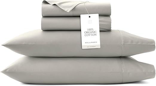 BOLL & BRANCH Percale Hemmed Sheet Set - Cooling Breathable Bed Sheets for Hot Sleepers - Full, Pewter - Luxury 100% Organic Cotton - 1 Flat, 1 Fitted, 2 Pillowcases