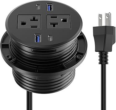 CCCEI 3.15 inch Power Grommet with USB Ports, Office Desk Hole Round Recessed Outlets, Flush Mount, Furniture Hidden High Amp Plug Station, Black, 10FT Extension Cord.