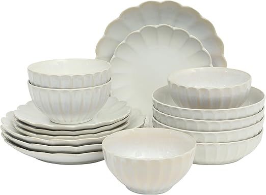 Gibson Elite Malibu Shore 16 Piece Scallop Stoneware Reactive Glaze (Service for 4) Ceramic Plates and Bowls Dinnerware Set - Shiny Cream White