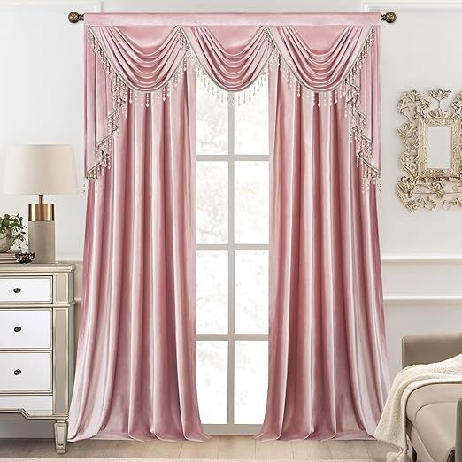 VOGOL Pink Velvet Curtains Valances Set, European Style Waterfall Valance with View Blocking Drapes for Living Room, Rod Pocket Curtain Panels for Office, 79 Inches Wide & 60 x 84