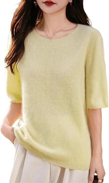Women's Short Sleeve Crewneck Pullover Merino Wool Seamless Knit Top Soft Warm Casual Autumn Winter T-Shirt