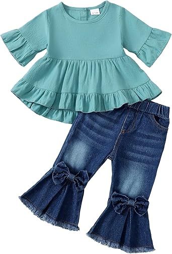 Kucnuzki Toddler Baby Girls Clothes Long Sleeve Shirt Top Flare Denim Jeans Cute Outfit Baby Girl Fall Winter Clothes