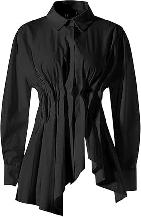 Women Splicing Pleated Irregular Shirts Long Sleeve Patchwork Single Breasted Shirt