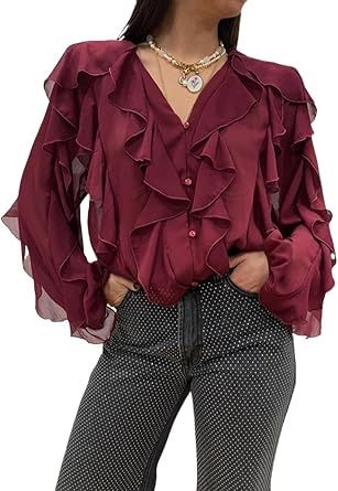 Long Sleeve Chiffon Blouse Womens Casual Business Fashion Tops