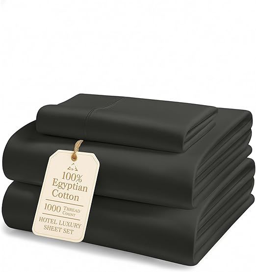 LANE LINEN 100% Egyptian Cotton Twin Sheet Set - 1000 Thread Count, Fully Elasticized Reinforced Seams Extra Deep Pocket Twin Sheet, No Pill Fade Resistant Cooling Bedding Sheet & Pillowcase - Black