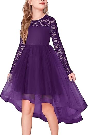 Arshiner Flower Girl Lace Tutu Dresses High Low Hem Long Sleeve Flowy Formal Party Wedding Dress