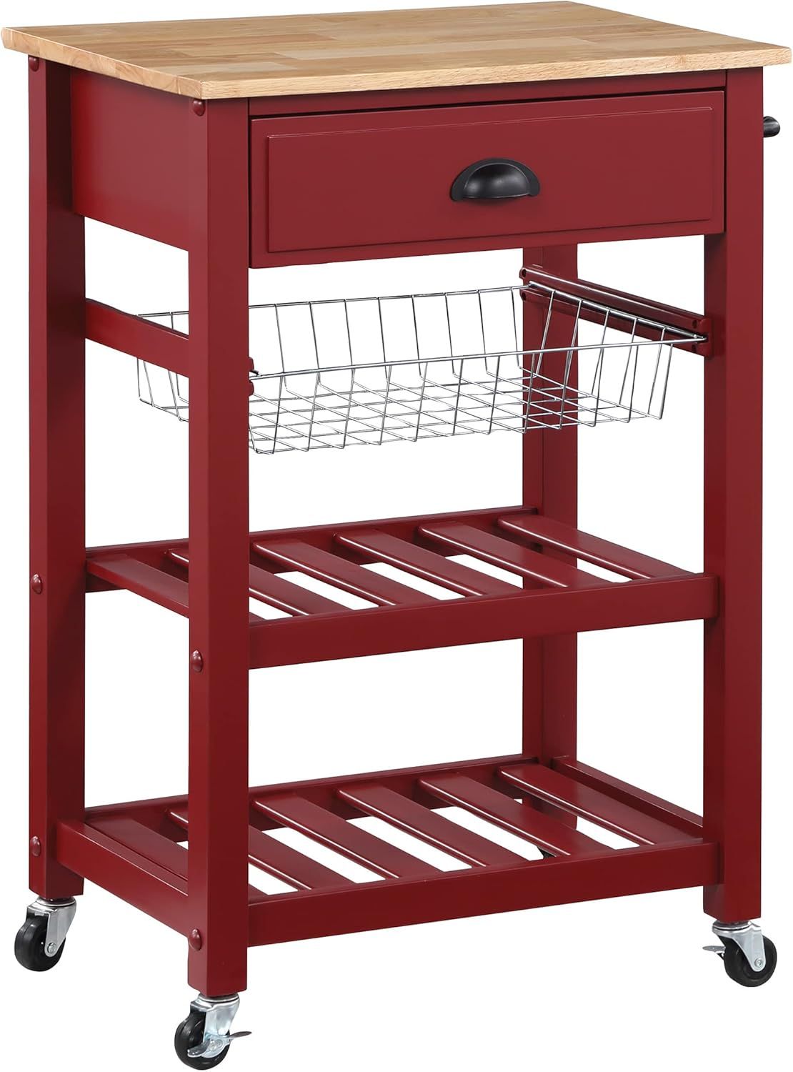 OSP Home Furnishings Hampton Kitchen Cart with Wood Top, Utensil Drawer, Under Cabinet Basket, and 2 Slatted Shelves, Red Base