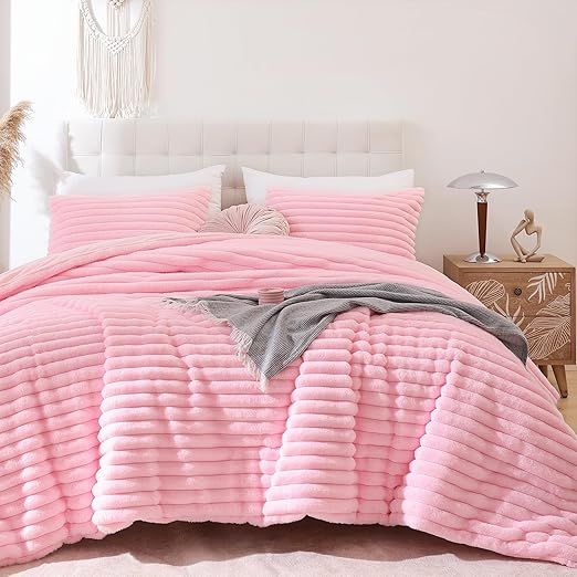 Smoofy Fluffy King Size Comforter Set 3 Pieces - Pink Fleece Fluffy Comforter Set, Luxury Fuzzy King Bedding Set, Soft King Bed Set All Season, Heavy Faux Fur Comforter with 2 Pillow Cases